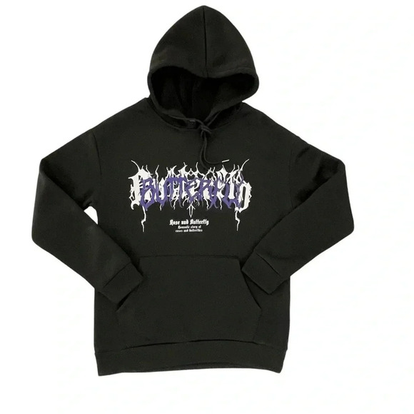 ROMWE Grunge Punk Roses & Butterfly Drawstring Hoodie with Kangaroo Pocket Sz SM - Picture 3 of 12